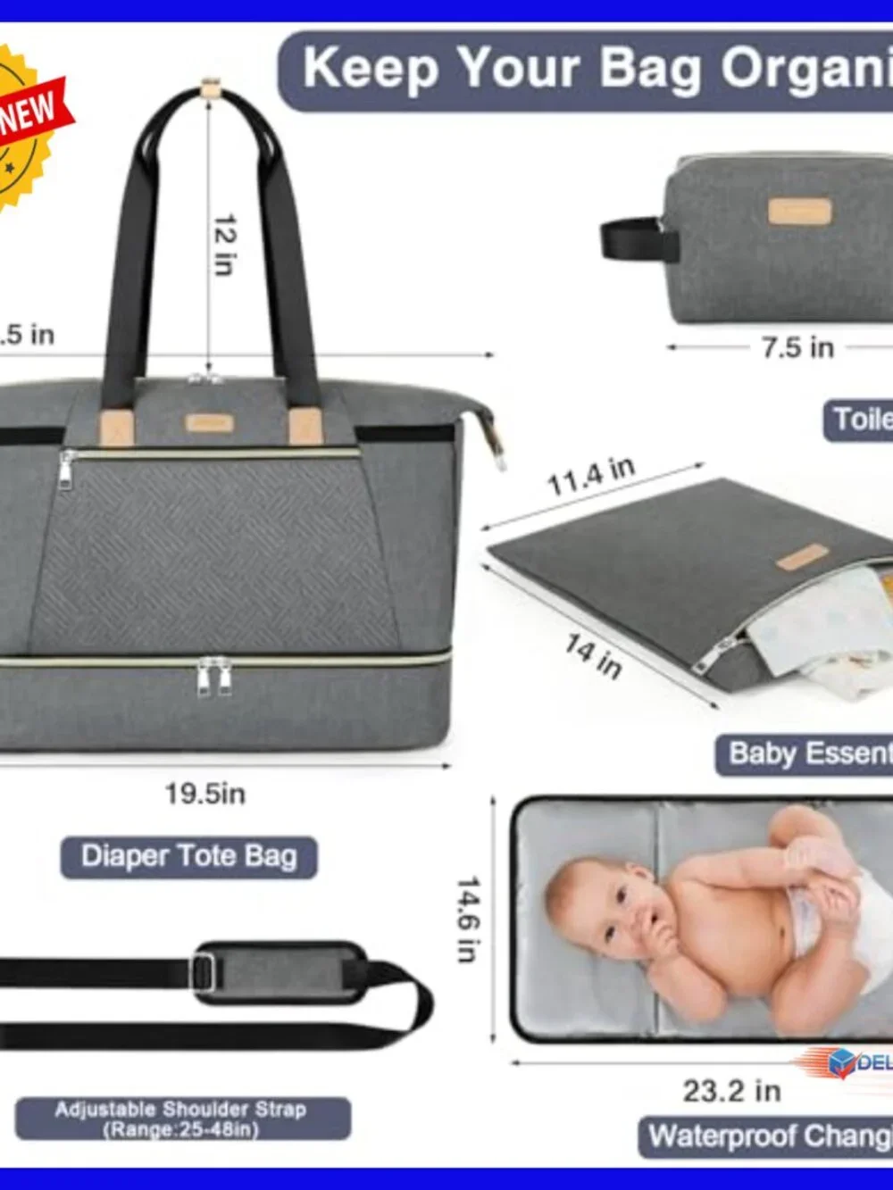 Large Nylon Diaper Bag Tote with Changing Pad, Insulated Pockets, Stroller